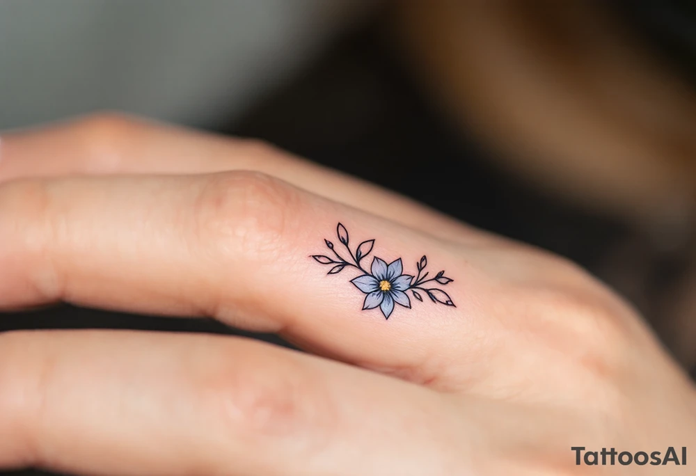 A minimalist black "S" outlined with fine-line flowers in soft pastel tones on finger. tattoo idea