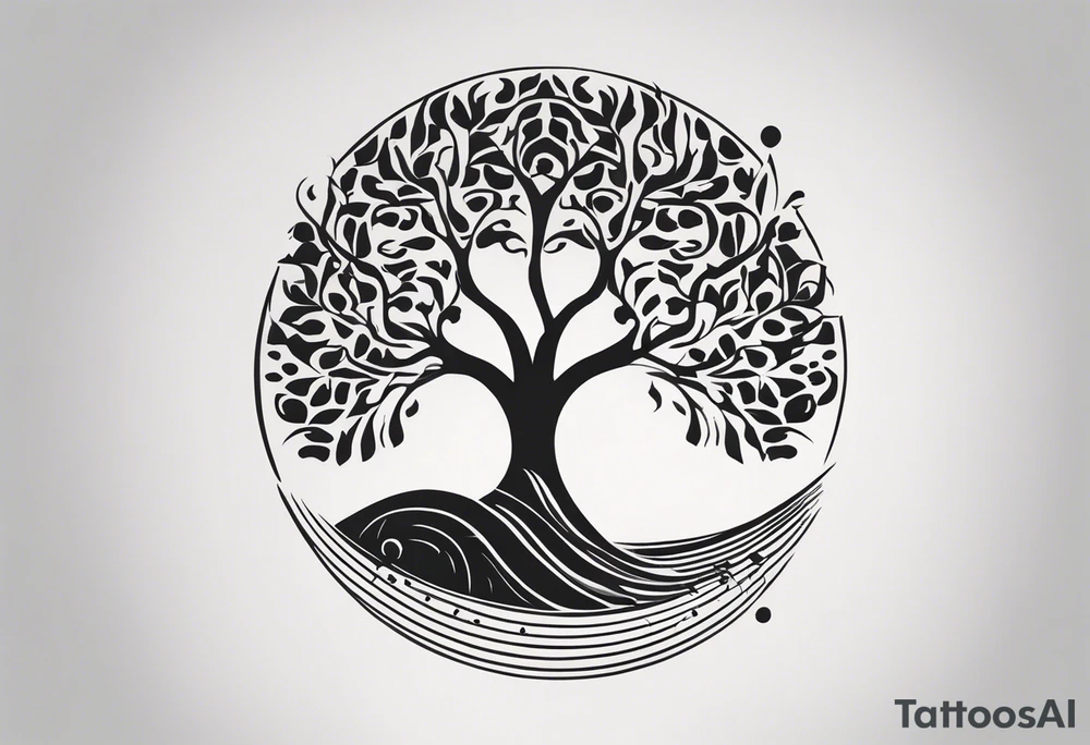 A tattoo design that incorporates the following elements: an abstract tree of life that has roots emerging  from the ground. Waves of water encapsulate the tree and wind around it in an organic way.  Incorporate music.   the letters U and A are overlapping and engraved into the tree. a golf ball incorporated but not prominent. tattoo idea
