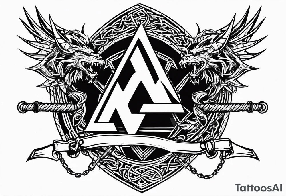 Valhalla sword shield dragon axe Valknut barbed wire chains tribal tattoo idea Valhalla sword shield dragon axe Valknut barbed wire chains tribal tattoo idea