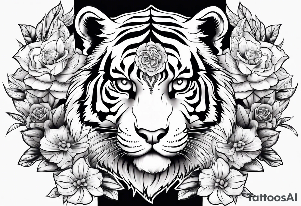 Tiger skull flowers tattoo idea