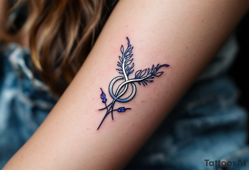 A silver  symbol for love rune with blue accents, surrounded by violet tattoo idea