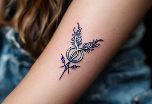 A silver  symbol for love rune with blue accents, surrounded by violet tattoo idea