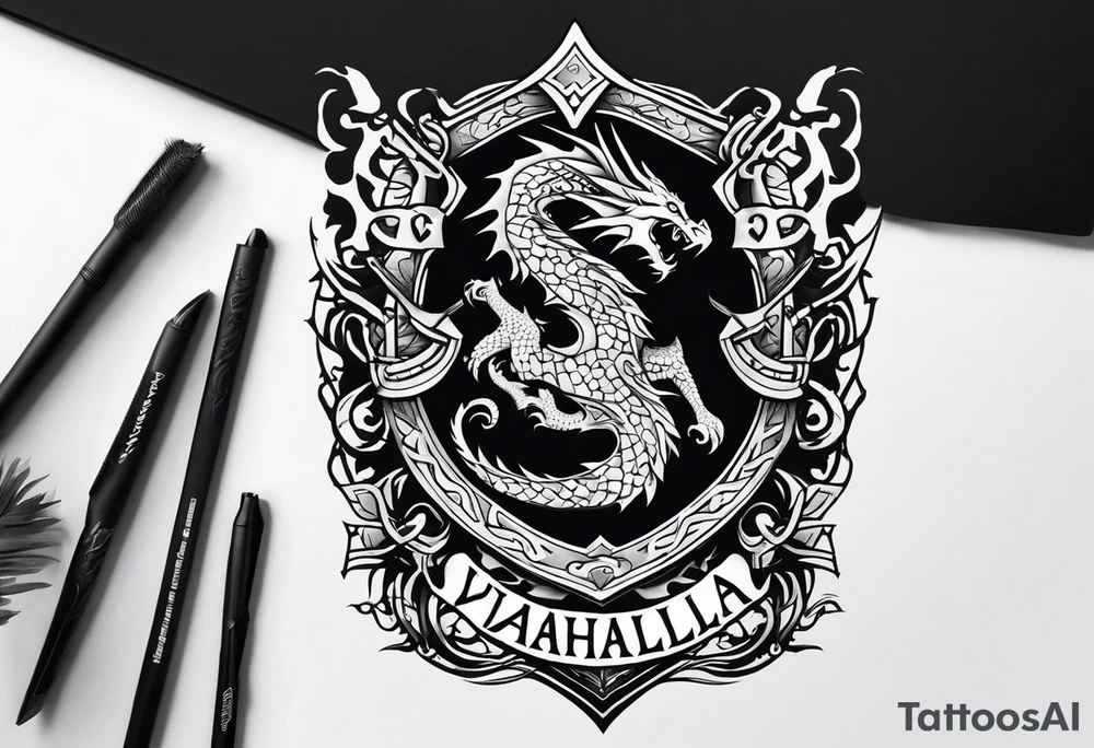 Valhalla sword shield dragon axe tattoo idea