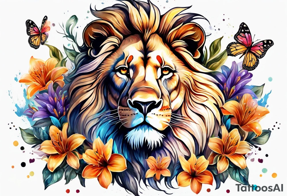 African lion covered in lilies butterflies crown main made of feathers tattoo idea
