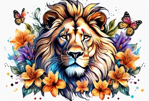 African lion covered in lilies butterflies crown main made of feathers tattoo idea