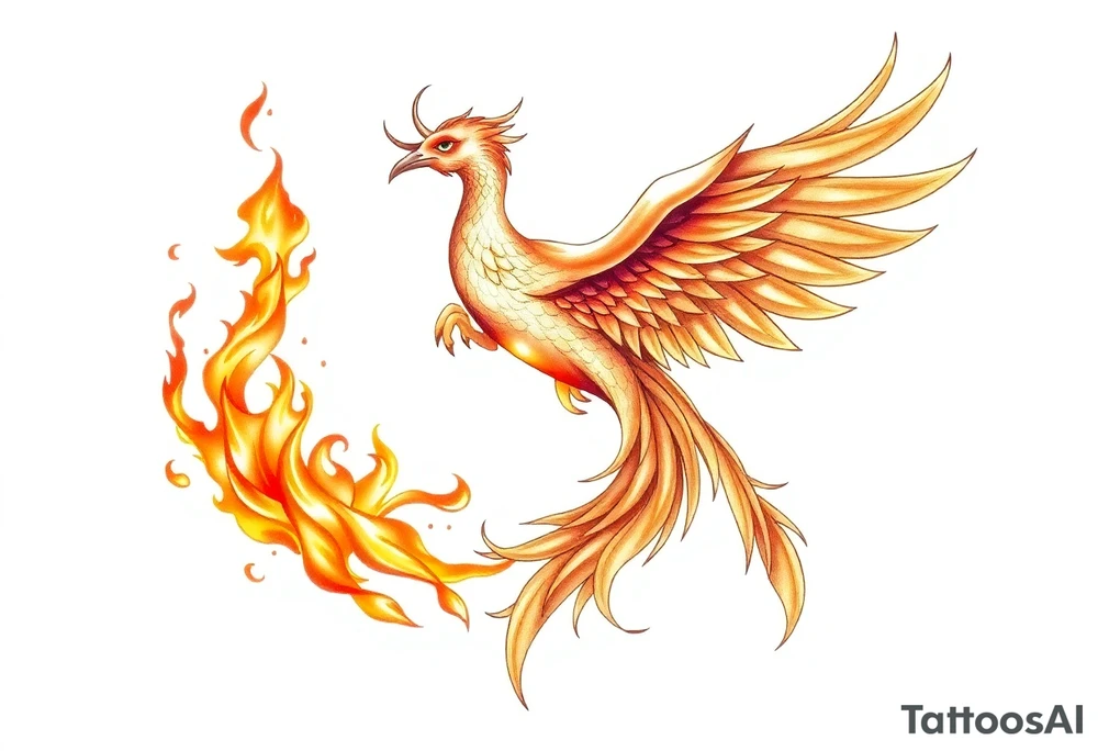 magnificent phoenix rising from golden flames with trailing embers tattoo idea