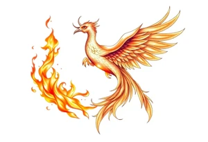magnificent phoenix rising from golden flames with trailing embers tattoo idea