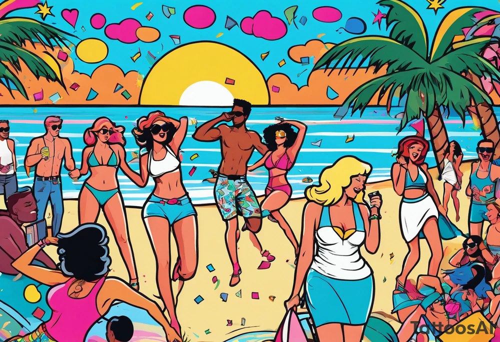 1980's miami vice style beach dance 
party, include confetti, music notes, boom box, bikinis sunset in the center tattoo idea