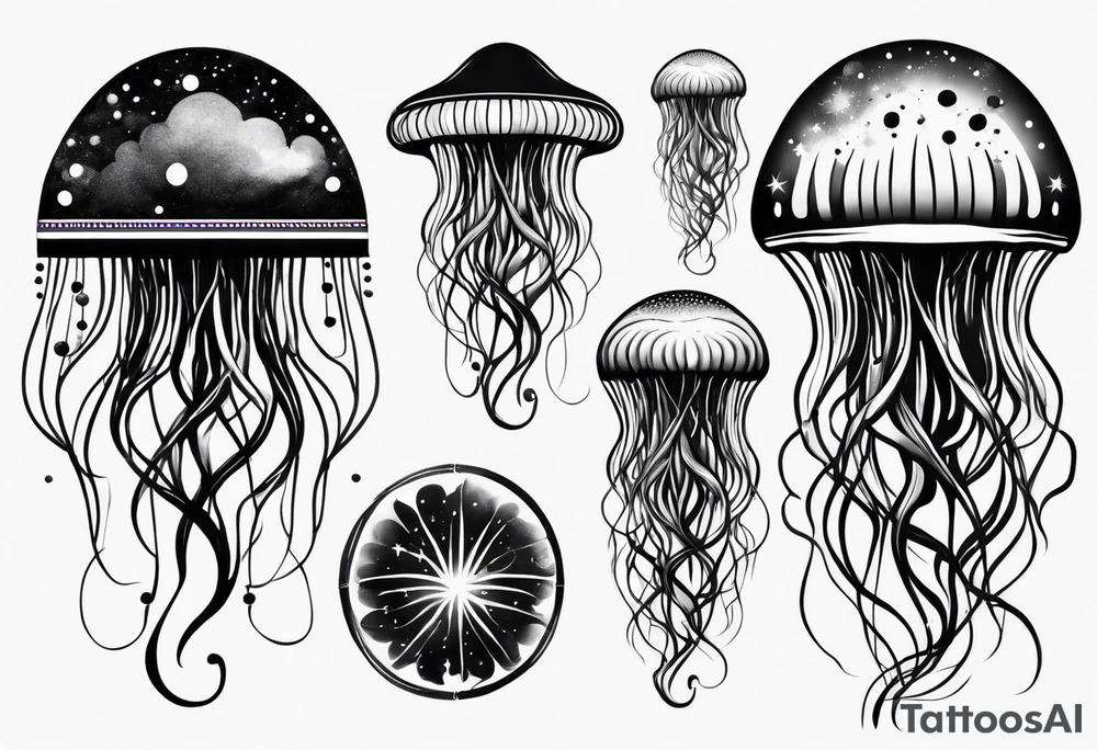 Stars, nebulas, and galaxys are inside a long slender jellyfish tattoo idea