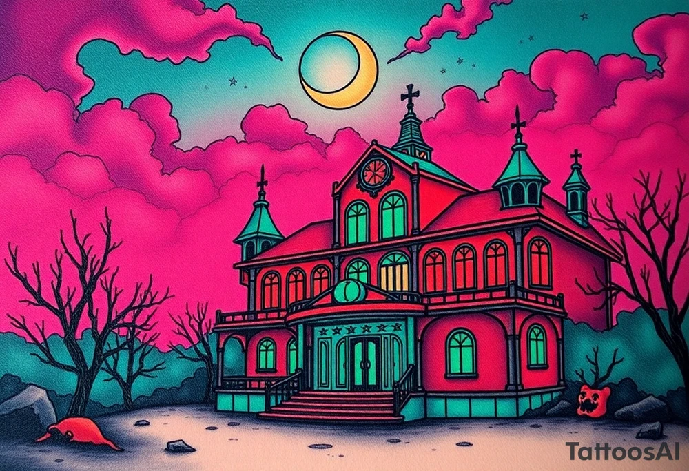 Tim Burton’s haunted casino is abandoned and dripping with muted reds, dusty pinks, and eerie green glow.purple and cyan smokey clouds swirl in the crescent moonlit sky thats sprinkled with stars tattoo idea tattoo idea