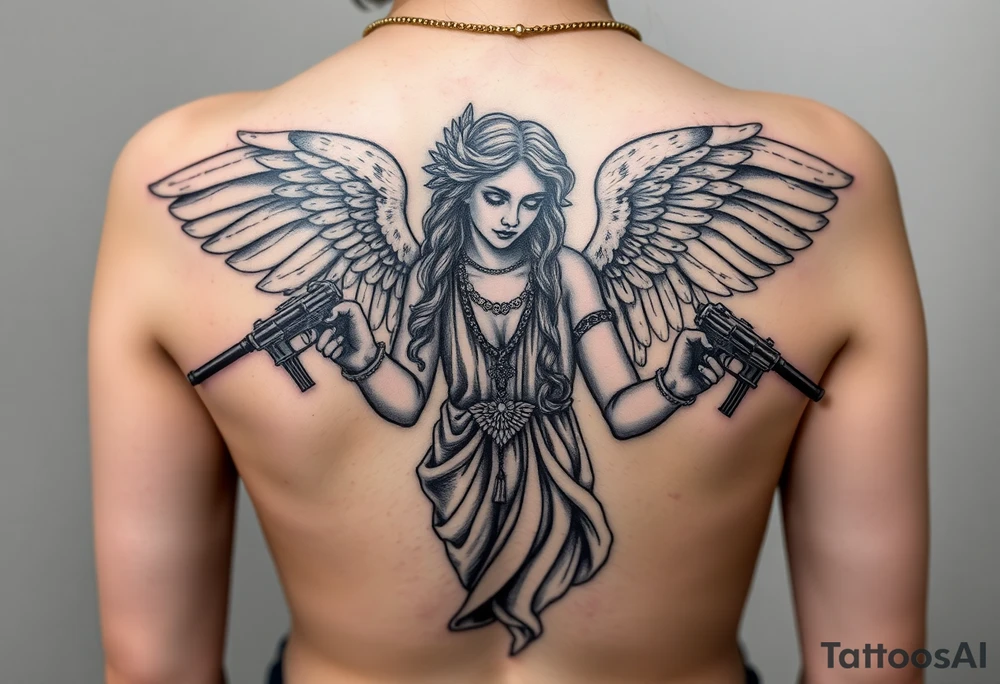 old angel statue in criminal style, tattooed and at the same time contemporary, weapons in hand, gangster-style gold necklaces tattoo idea