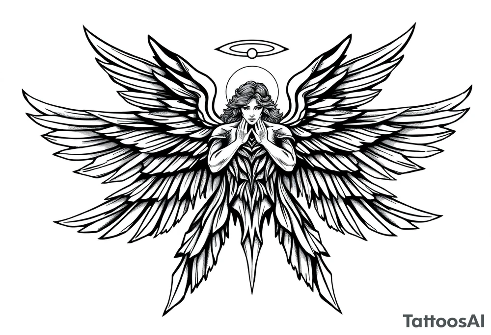 Majestic and powerful archangel wearing a halo, having six wings tattoo idea