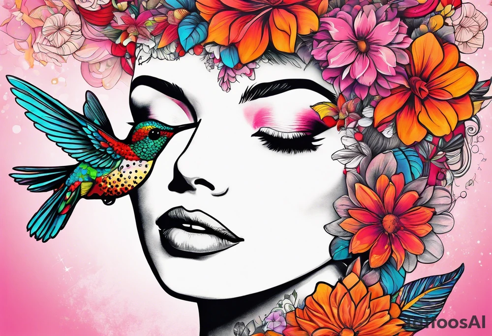 hummingbird, lady face, flowers, bold color, collage, pink, orange, red, hot air balloon tattoo idea