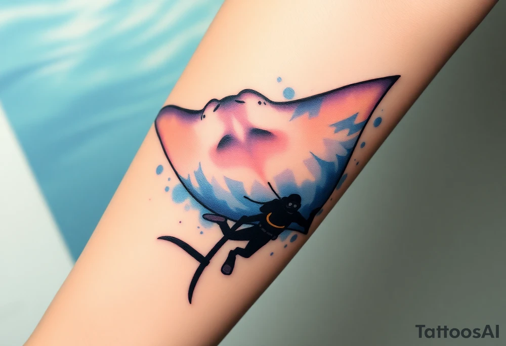 Manta ray silhouette, scuba diver underneath, water backround tattoo idea