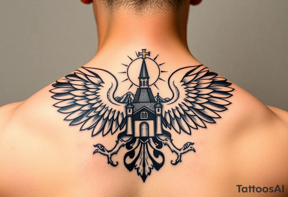 an actual russian coat of arms with the eagles wings spanning out on my back neck across my shoulders / traps with a orthodox christian church being visible in a mountainous sun beaming setting, with the russian orthodox cross spire of the orthodox church being visible on my neck with a sun beaming in the background that the cross sits inside tattoo idea