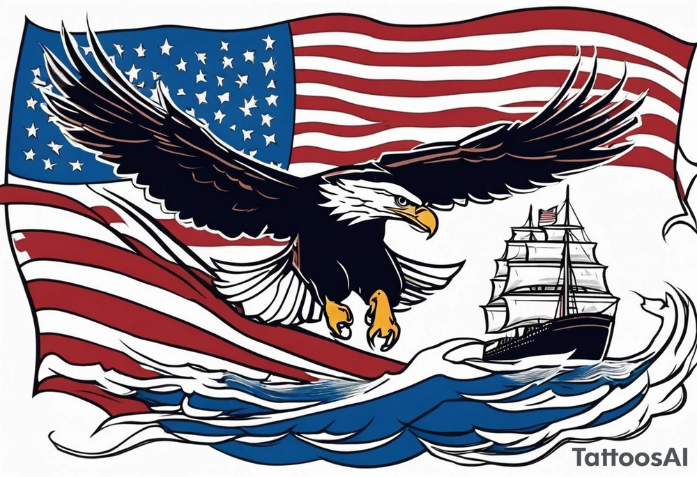 eagle flying in front of ship holding American flag in beak tattoo idea