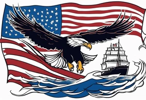eagle flying in front of ship holding American flag in beak tattoo idea
