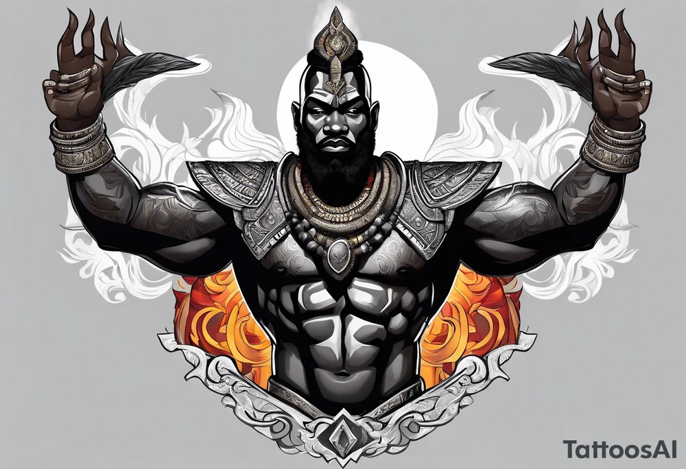 Black-skinned african god of war with a small silver crown tattoo idea
