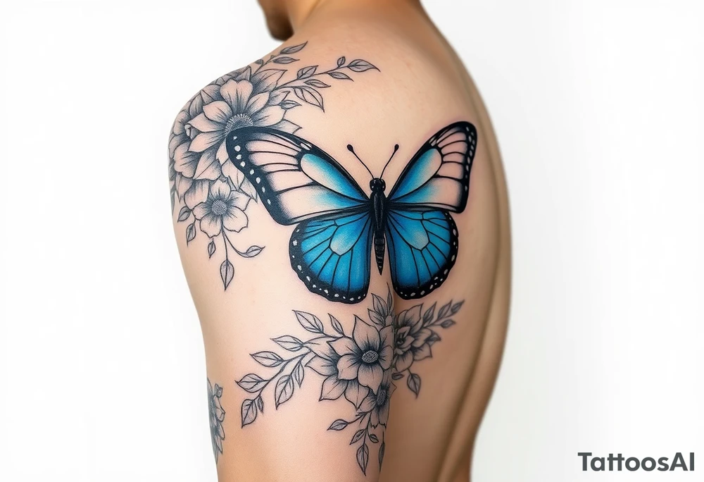 Sleeve/ floral with vines roses and daises large bright blue monarch in center of forearm with floral extending from wrist to mid bicep children’s names written with vines “ amber, Zachary, Justin, Harper, Vivian “ ARM SLEEVE tattoo idea