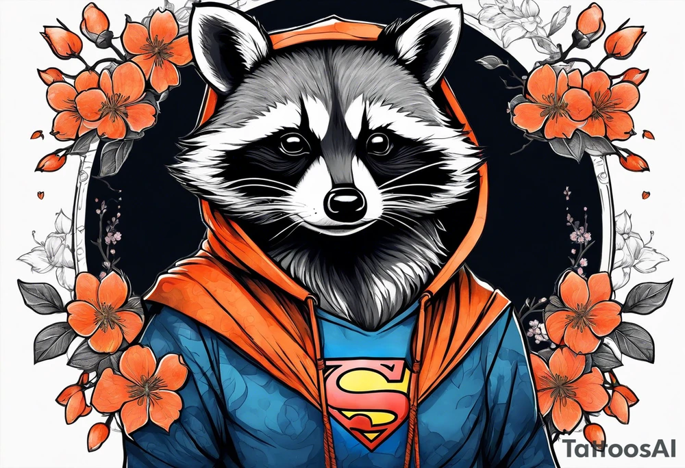 raccoon wearing a Superman hoodie with orange Japanese cherry blossoms tattoo idea