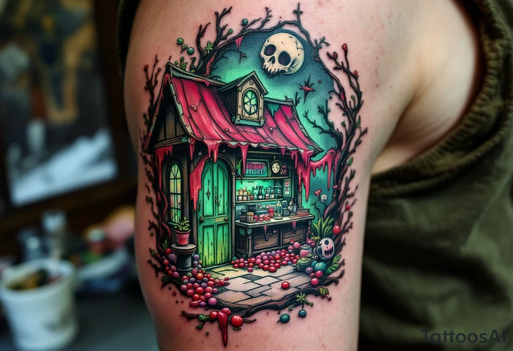Tim Burton’s candy shop is abandoned and dripping with muted reds, dusty pinks, and eerie green glow. tattoo idea