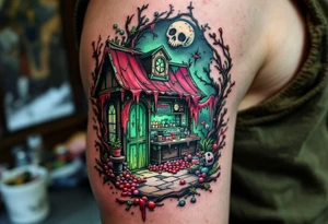 Tim Burton’s candy shop is abandoned and dripping with muted reds, dusty pinks, and eerie green glow. tattoo idea