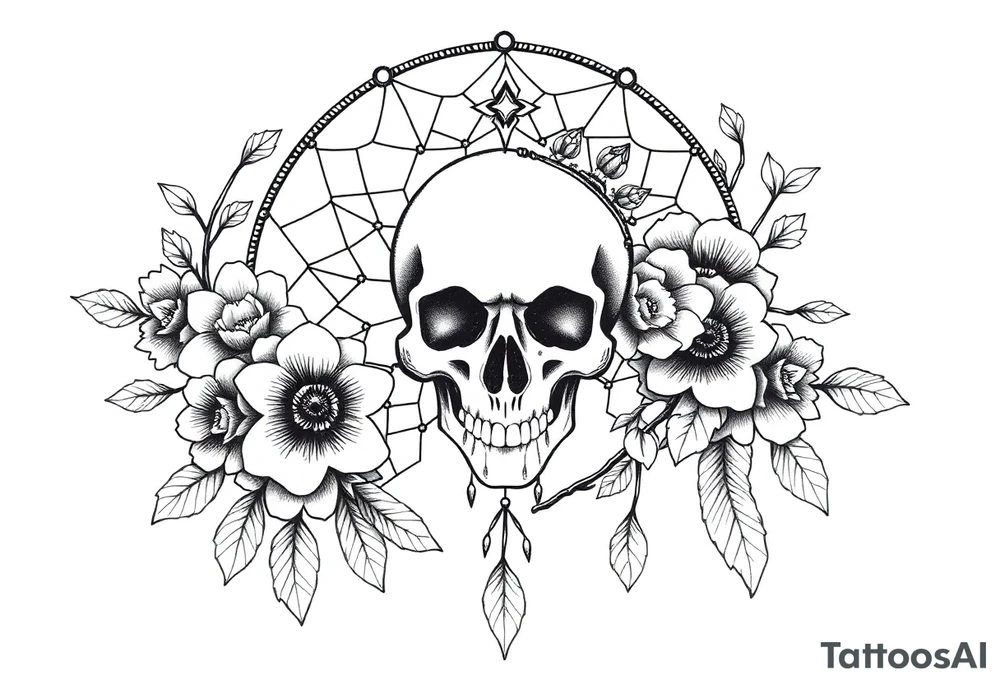 Mandala dream catcher with detailed beautiful gothic boho flowers on vine and skull with gorgeous crown tattoo idea