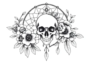 Mandala dream catcher with detailed beautiful gothic boho flowers on vine and skull with gorgeous crown tattoo idea