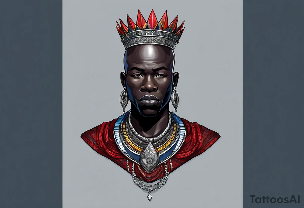 Black-skinned bald african warrior bust. He wears a simple and small silver crown. He uses two simple necklaces: one blue, other red. tattoo idea