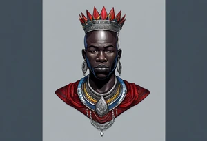 Black-skinned bald african warrior bust. He wears a simple and small silver crown. He uses two simple necklaces: one blue, other red. tattoo idea