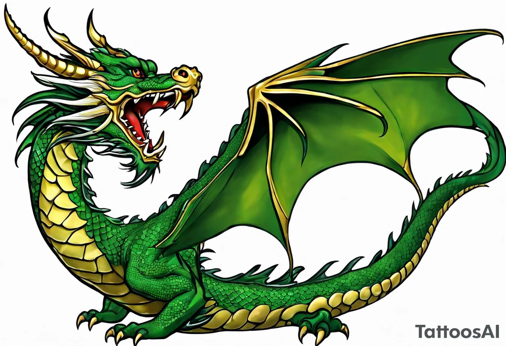 design a water dragon tattoo with spread wings that wraps around a bicep
Dragon Shape: The dragon will be serpentine, with a long, sinuous body that can easily wrap around the bicep.
Wings: The wings will be spread wide, with intricate, flowing details that mimic water currents.
Water Elements: The dragon's scales and wings will have water-like patterns, with splashes and waves incorporated into the design.
Positioning: The dragon's head will be prominent, positioned towards the front of the bicep, with the body and tail wrapping around, creating a dynamic, flowing motion. tattoo idea