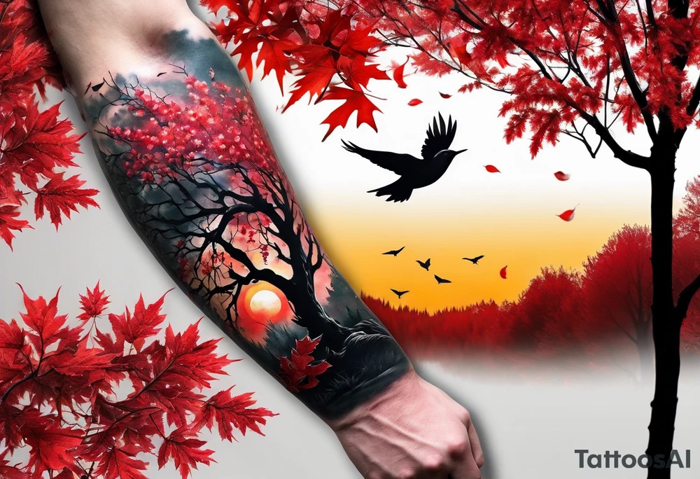 trash polka style. Arm tattoo. Long tattoo. Full sleeve. Shoulder. A single large maple tree with red autumn leaves that branches upwards from wrist to shoulder. White-throated dipper bird on the trees branches. Calluna flowers at the base of the trees stem. Tree stem has dark colors. Red/yellow sunset behind the trees stem. Leaves falling. tattoo idea