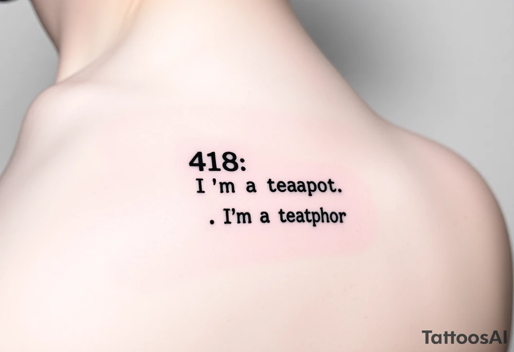 "Minimalist black tattoo of a server error message:  
'418: I’m a Teapot' in pixelated font.  
Below: tiny 'This is not a metaphor' in Comic Sans.  

Style: Glitch art. Placement: Inner arm. No colors." tattoo idea