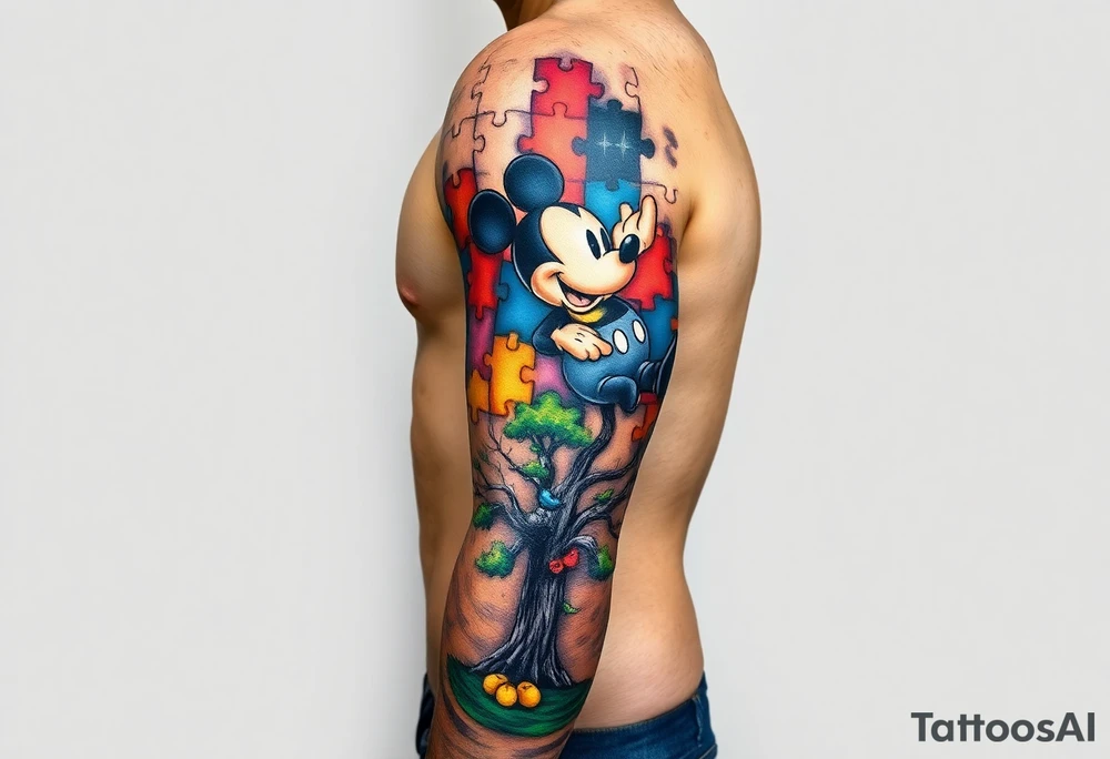 autism puzzle full color left arm sleeve completely covering full arm including Mickey Mouse and tree to start the bottom of the sleeve tattoo idea
