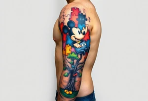 autism puzzle full color left arm sleeve completely covering full arm including Mickey Mouse and tree to start the bottom of the sleeve tattoo idea
