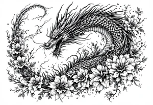 scary dragon long tail swirling with thunders and flowers as a filler tattoo idea