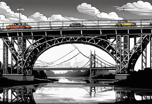 70's poster art, pop art, simple, view from under steel truss cantilever bridge tattoo idea