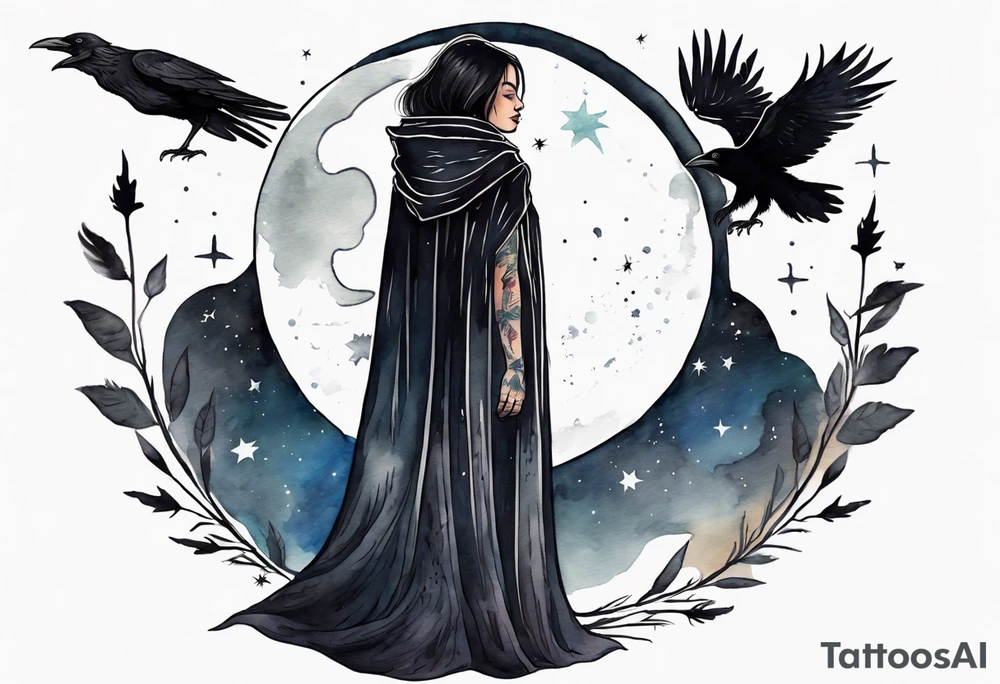 a Dakota woman wearing a black cloak, standing before the night sky with a crescent moon, a raven on her shoulder tattoo idea