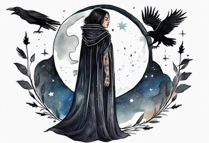 a Dakota woman wearing a black cloak, standing before the night sky with a crescent moon, a raven on her shoulder tattoo idea