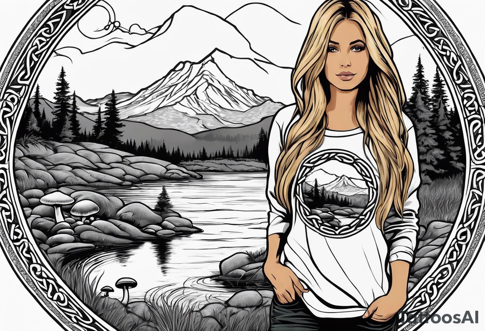Whole picture encircled fully

Straight long blonde hair hippie girl in distance holding mushrooms in hand facing away toward mountains and creek surrounded by mushrooms long sleeve shirt and hiking pants; whole rendering within a full celtic circle, no cut off circle tattoo idea