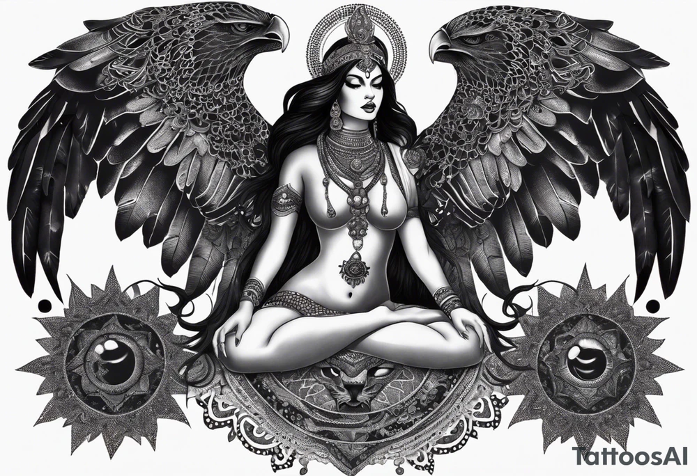 black kali, goddess pirate, alien, angel, pachamama, valkrye, warrior, flying, skull, lotus azul, wing, eagle, zenza resonance, stars, 5D, anahata chakra, death, durga, riding on a tiger, flying lady, kundalini, chest tatoo, samuri, rebel tattoo idea