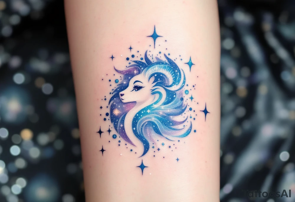 An ethereal Aries tattoo uses dots of light-blue and white to form the constellation in a dreamy galaxy swirl. tattoo idea