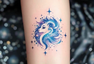 An ethereal Aries tattoo uses dots of light-blue and white to form the constellation in a dreamy galaxy swirl. tattoo idea