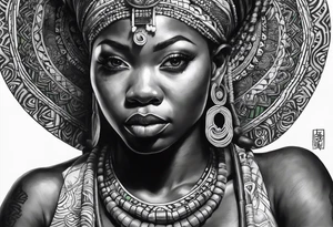 ogun guerreiro africano realista em preto e cinza com tons de verde no fudo tattoo idea