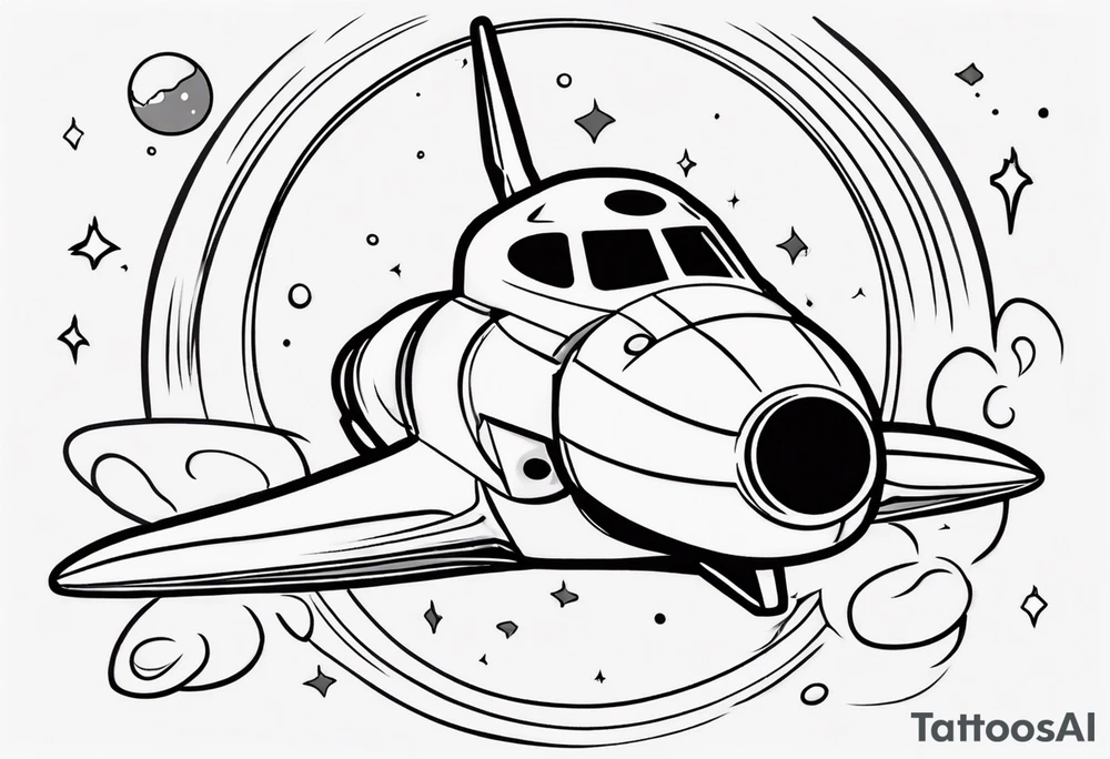 Super simple cartoon space shuttle with a round window, 3 fins, and fire coming out the bottom tattoo idea