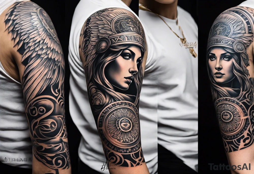 A full tattoo sleeve inspired by Greek mythology, centered around the Greek goddess Athena. Athena is portrayed with a strong, commanding presence, symbolizing wisdom, strength, and warfare. The design emphasizes bold, clean lines with a focus on sharp contrasts, creating a powerful and dynamic visual impact. Surrounding Athena, incorporate a mandala effect with geometric patterns that evoke a sense of order and strategy, reflecting her role as a warrior goddess. The sleeve also features masculine elements such as a fierce owl with piercing eyes, an ornate warrior’s helmet, and olive branches intertwined with Spartan-style armor, all seamlessly integrated into the design. The overall aesthetic is strong, rugged, and heroic, capturing the essence of Athena’s wisdom and martial prowess in a way that resonates with a masculine energy. tattoo idea