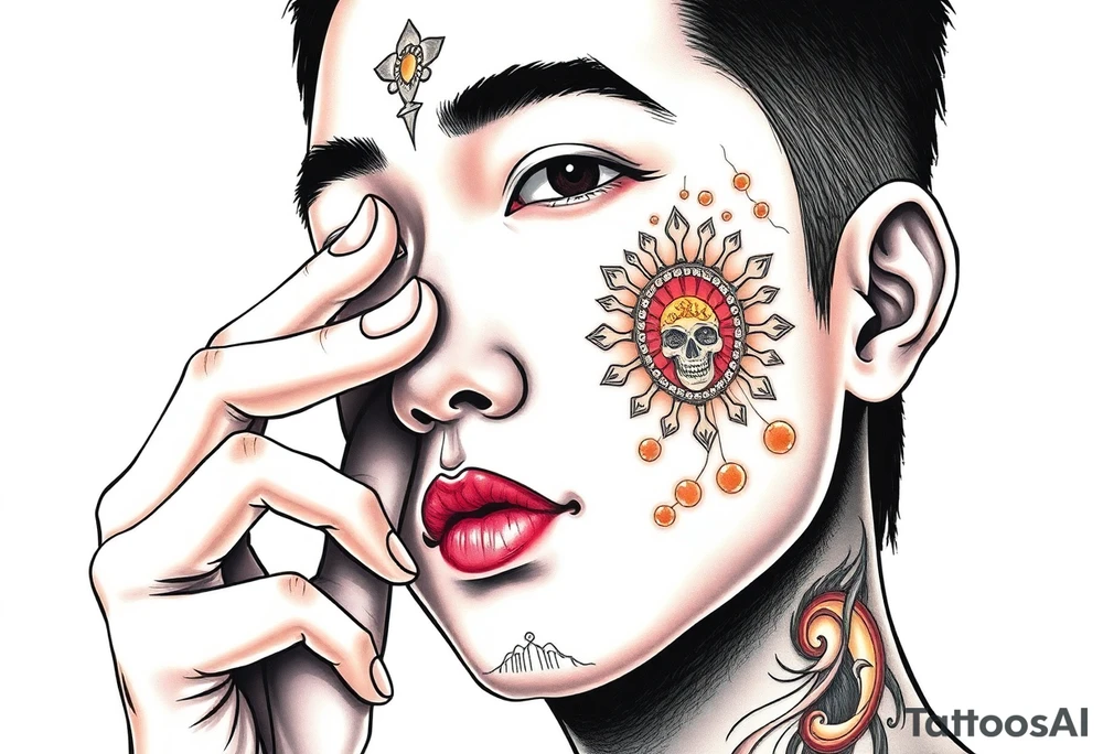 Handsome Asian young guy is putting ritual symbols on his face tattoo idea