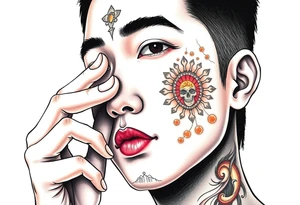 Handsome Asian young guy is putting ritual symbols on his face tattoo idea