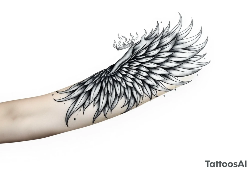 large blazing wing surrounded by fire. with a crown of fire tattoo idea