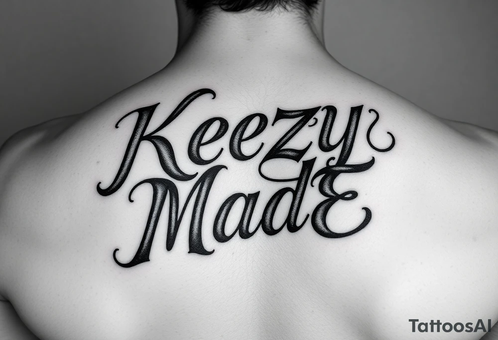 A fancy but rugged intertwined arched curvy lettering that would be clothing brand style that says (KeezY MadE) tattoo idea